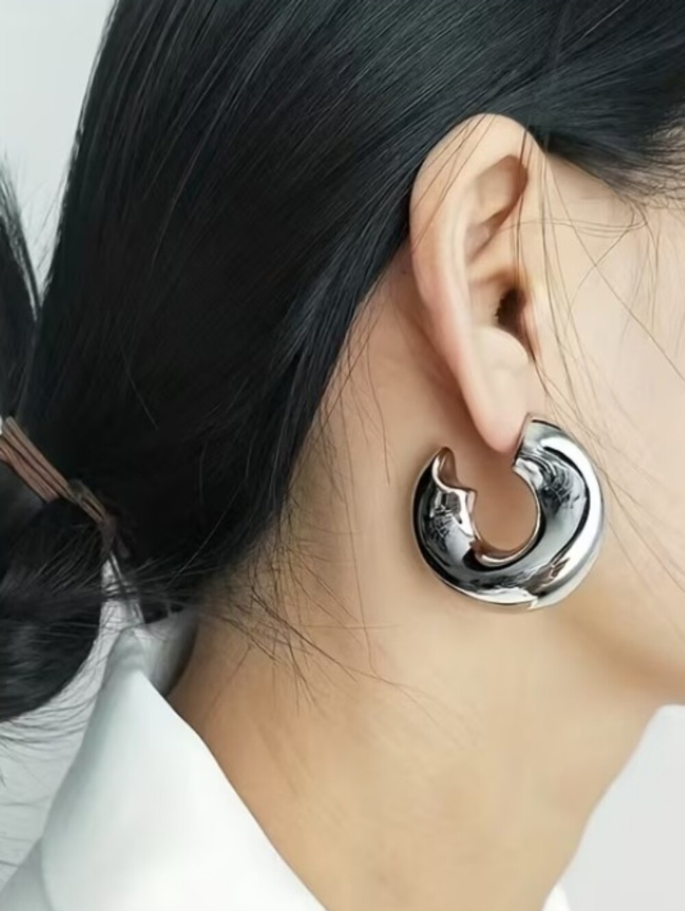 NEW! Silver Plated Abstract Chunky Medium Half Hoop Earrings - Women Jewelry